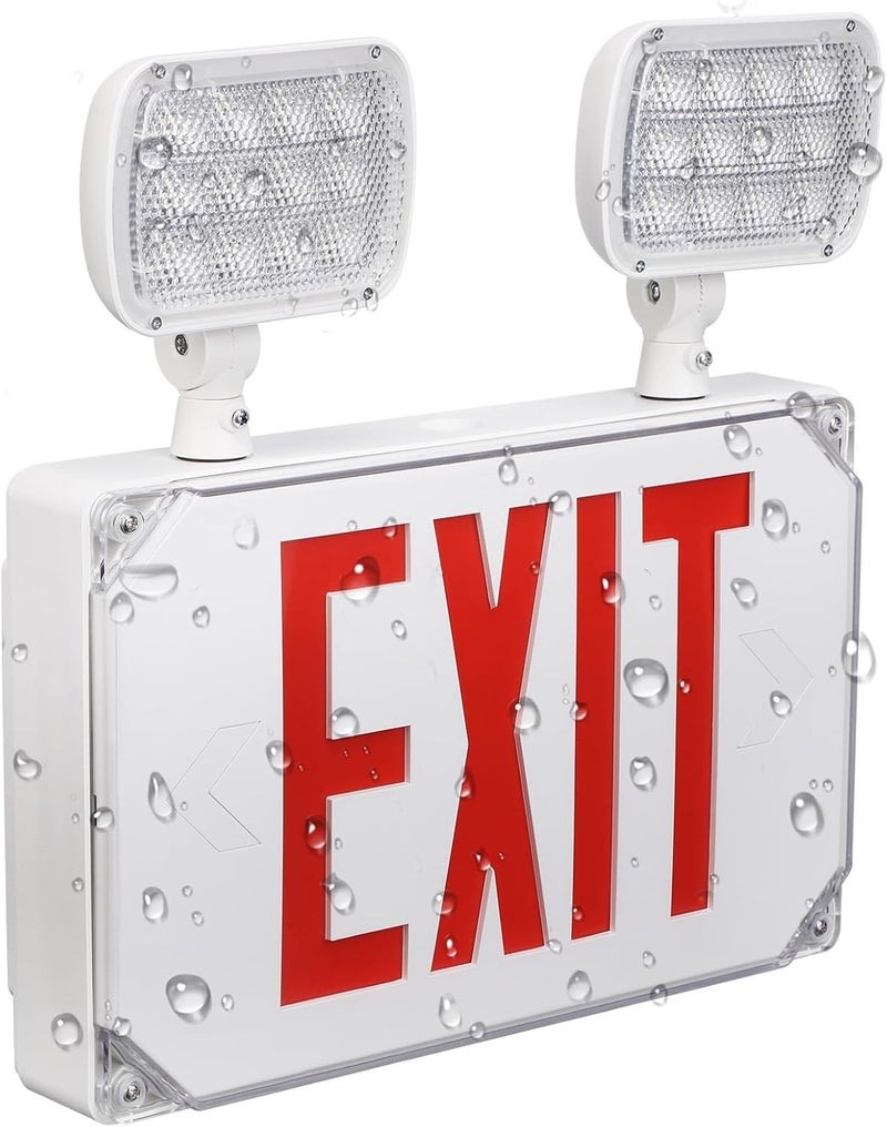 LEONLITE LED Exit Light, Wet Location Exit Sign with Emergency Lights, UL Listed, Outdoor Hardwired Red Letter Exit Sign with Battery Backup, 2 Dual Heads, Double Face, AC 120/277V, White - Image 1